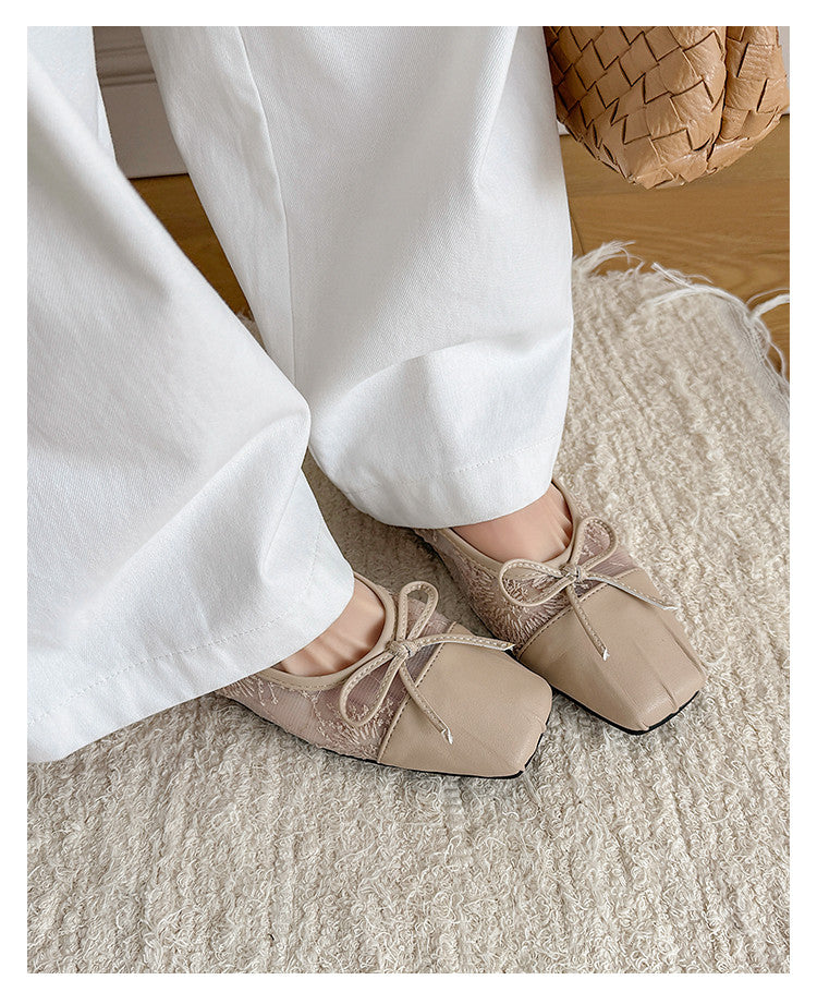 Karin Luna In Stock In Stock  Wrinkled Square Toe Patchwork Breathable Mesh Bow Granny Shoes