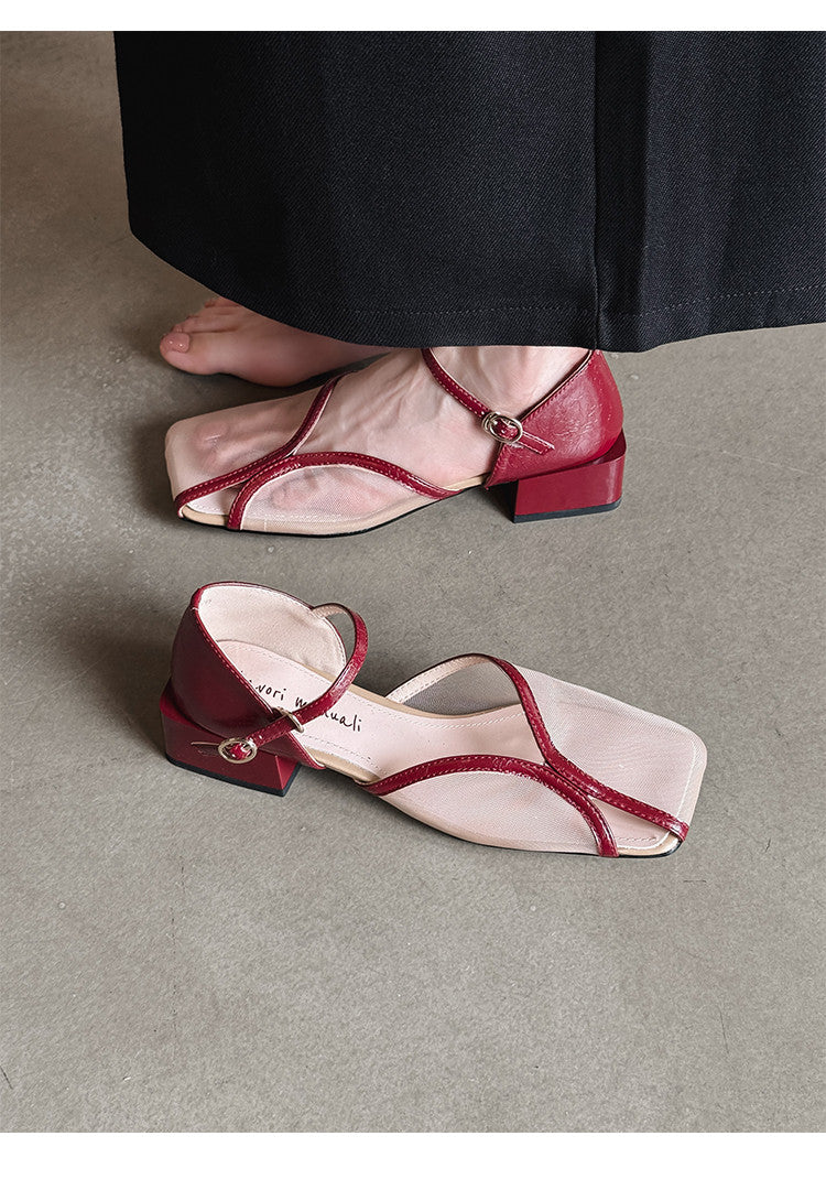 Karin Luna In Stock In Stock  Internet Celebrity Style Square Toe Mesh Chunky Heel Sandals