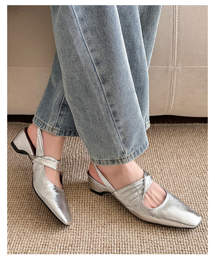 Karin Luna In Stock  Spot Goods Small Square Toe Wrinkled Chunky Heel Closed-Toe Sandals