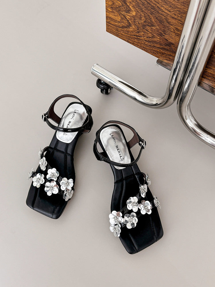Karin Luna In Stock Spot Goods All the Best Square-Toed Sequin Flower Sandals
