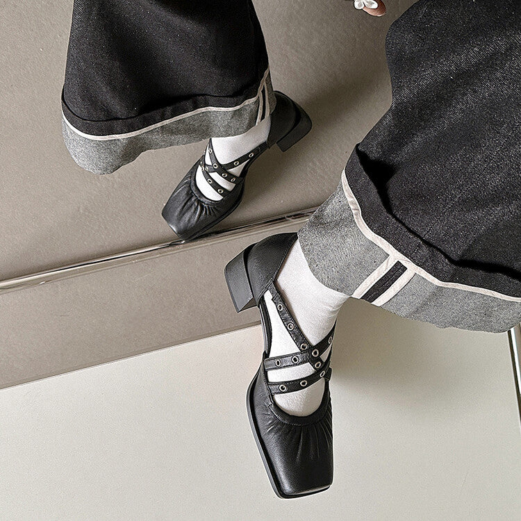 Karin Luna In Stock Spot Goods First Layer Sheepskin Cross Strap Rivet Square Toe Mary Jane Sandals