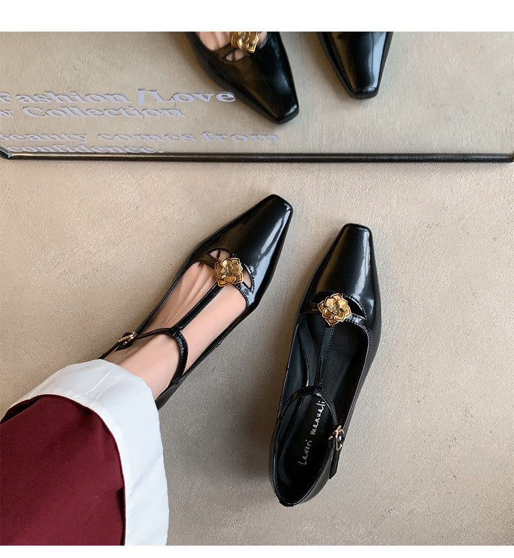 Karin Luna In Stock Spot Goods    Retro Classic Metal Camellia Irregular Heel Single Shoes