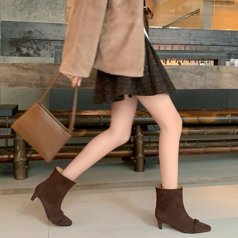 Karin Luna Elegant Style Small Square Toe Belt Buckle Thin Heel Short Boots