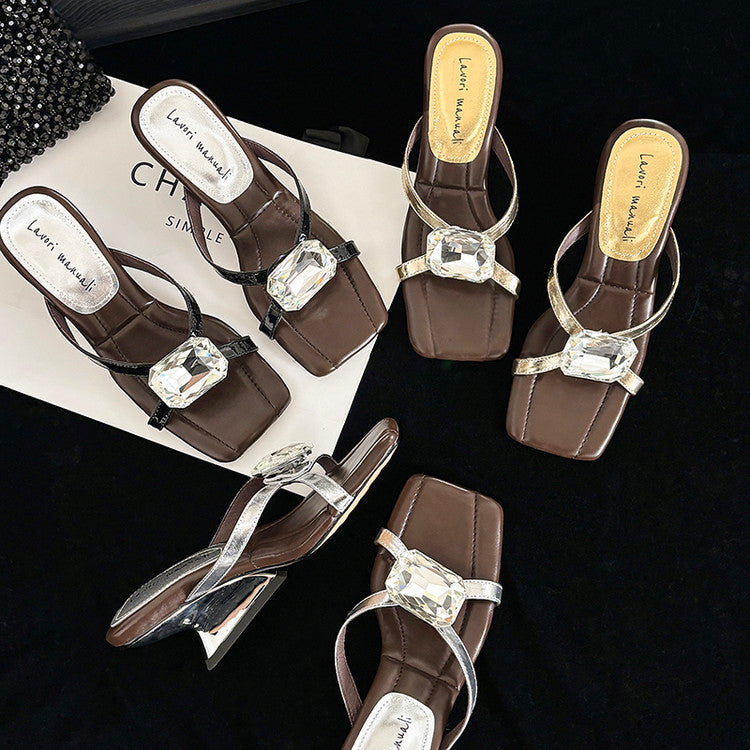 Karin Luna In Stock Spot Goods Rhinestone Square Toe Irregular Heel Slippers