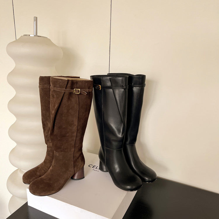 Karin Luna In Stock In Stock Mango Head Large Tube Belt Buckle Chunky Heel Long Boots