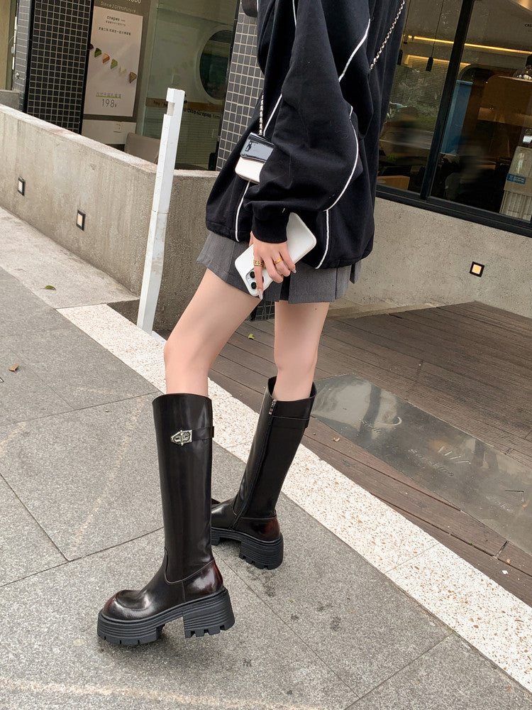 Karin Luna In Stock In Stock  Round Toe Thick Sole Belt Buckle Side Zipper Knight Boots