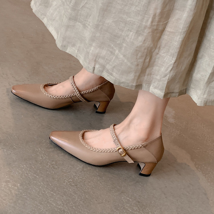 Karin Luna Braided Element Design Chunky Heel Square Toe Single Strap Shoes