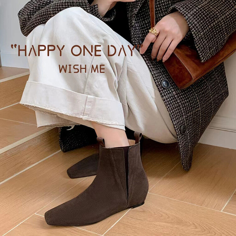 Karin Luna Classic Style Internal Height Increase Cowhide Leather Small Square Toe Short Fashion Boots