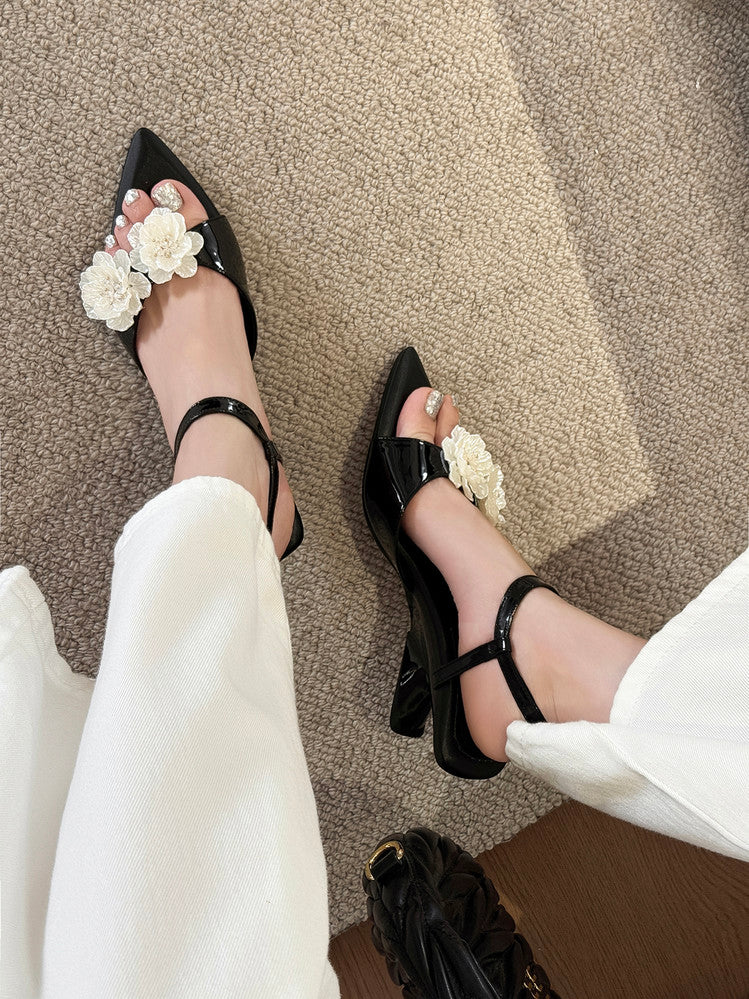 Karin Luna In Stock Spot Goods  Classic Camellia Pointed Toe Elegant Irregular Heel Sandals