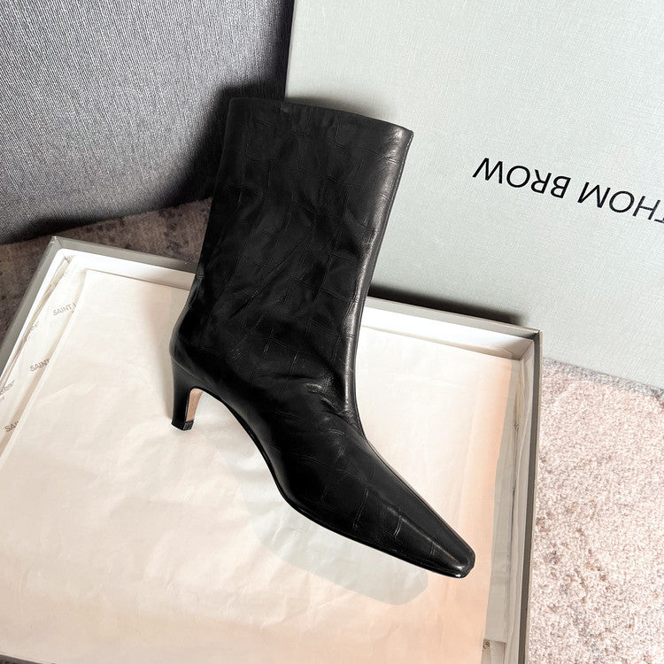 Karin Luna In Stock Spot Goods Top Layer Stone Pattern Cowhide Textured Small Square Toe Straight Short Boots