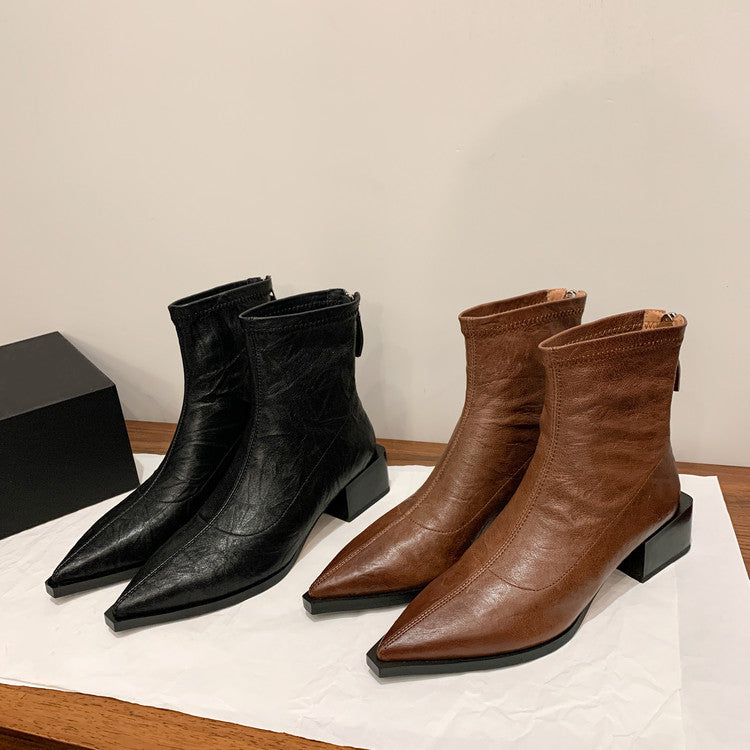 Karin Luna Elegant Style Pointed Toe Chunky Heel Short Boots
