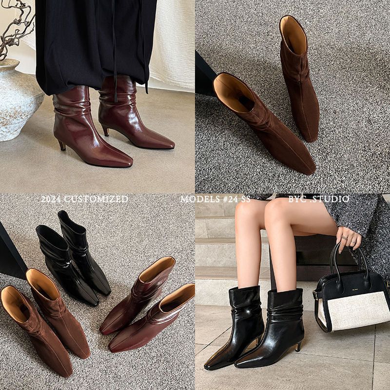 Karin Luna In Stock Spot Goods  Retro Wrinkled Small Square Toe Short Boots