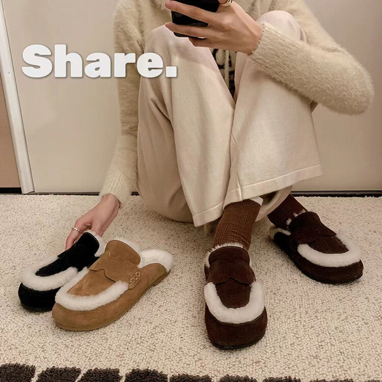 Karin Luna In Stock Look~This is such thick lamb wool Winter Atmosphere！Cowhide Leather Lamb Wool Round Toe Flat Sole Half Support！