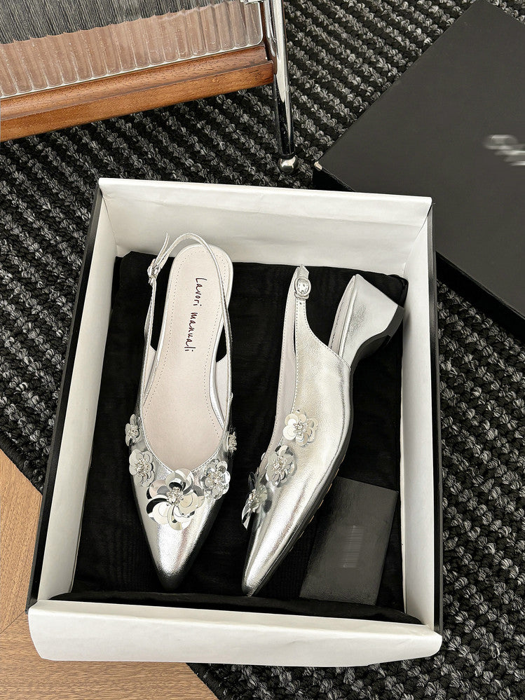 Karin Luna In Stock In Stock  Sequin Floral Pointed Toe Chunky Heel Closed-Toe Sandals