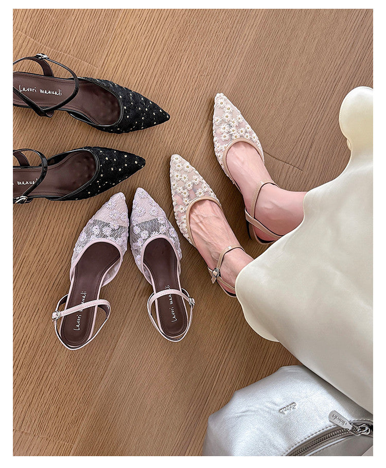 Karin Luna In Stock Spot Goods Embroidered Daisy Sheepskin Mesh Elegant Closed-Toe Slippers