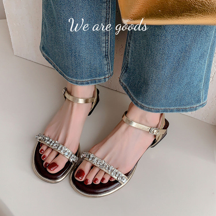 Karin Luna In Stock In Stock  Rhinestone Strap Round Toe Chunky Heel Sandals
