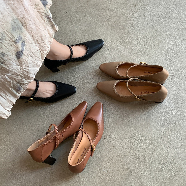Karin Luna Braided Element Design Chunky Heel Square Toe Single Strap Shoes