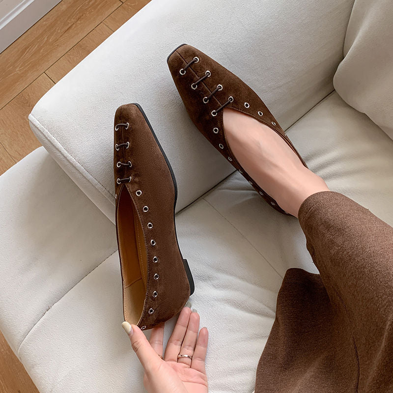 Karin Luna In Stock Spot Goods    Old Money Style Square Toe Suede Flats