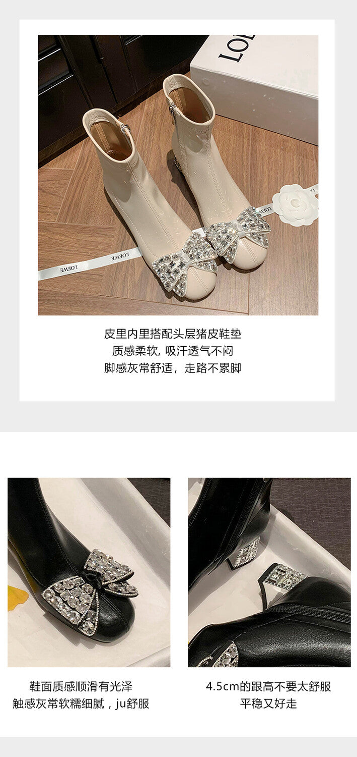 Karin Luna In Stock   Rhinestone Bow Thick Heel Slim Boots