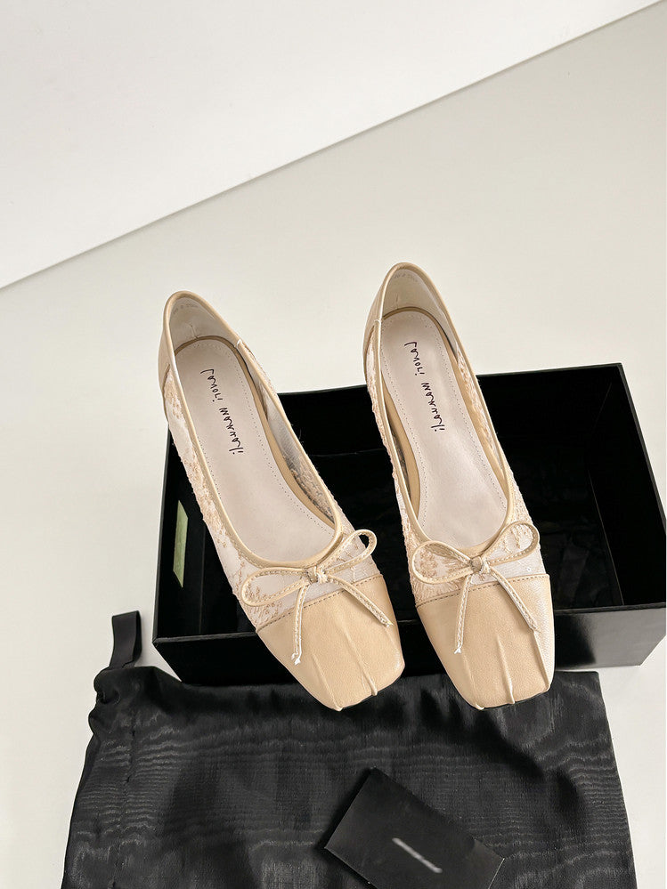 Karin Luna In Stock In Stock  Wrinkled Square Toe Patchwork Breathable Mesh Bow Granny Shoes