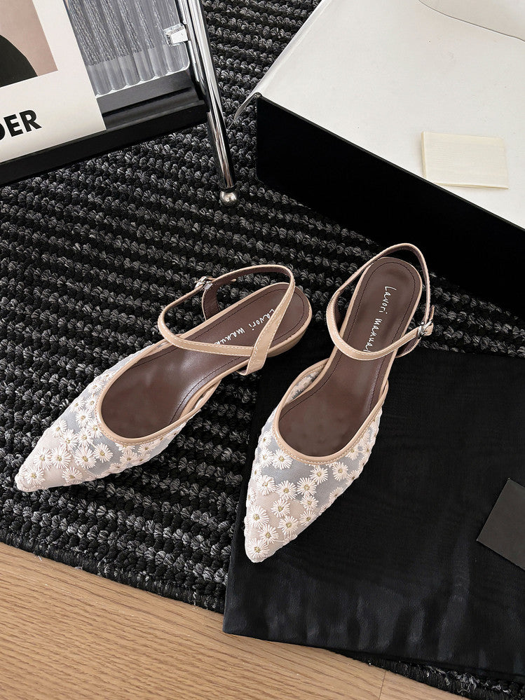 Karin Luna In Stock Spot Goods Embroidered Daisy Sheepskin Mesh Elegant Closed-Toe Slippers