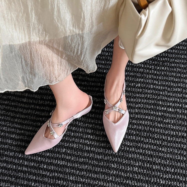 Karin Luna Elegant Pointed Toe Rhinestone Flower High Heel Mules