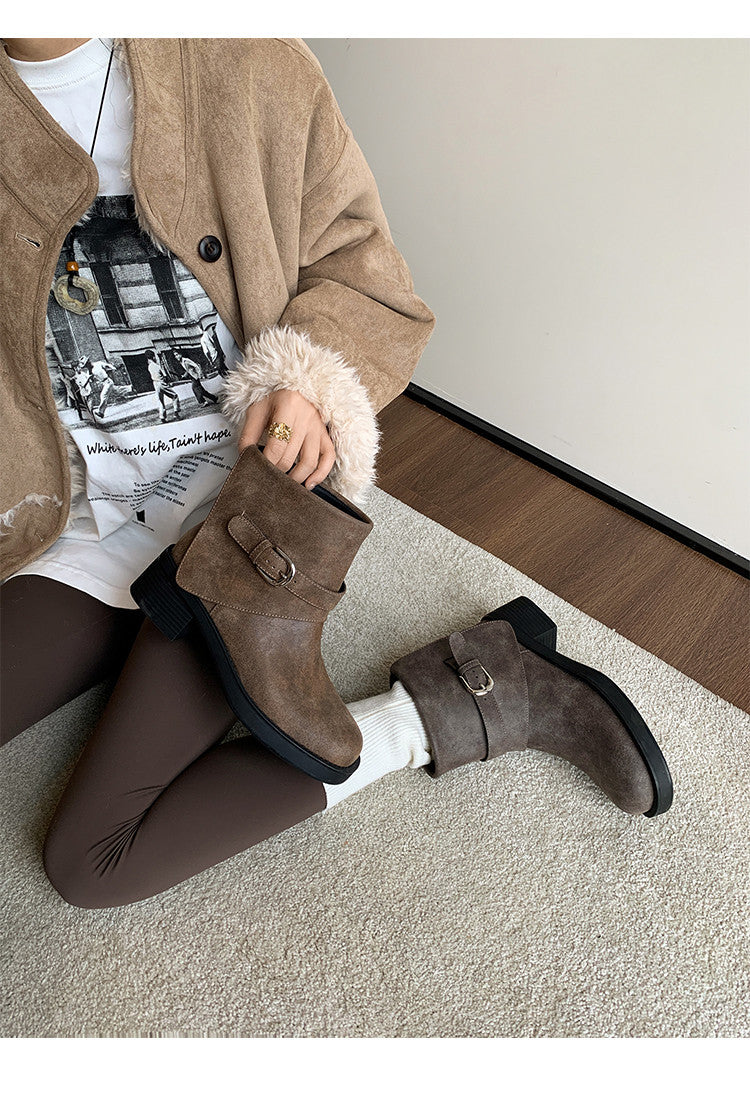 Karin Luna In Stock Spot Goods Versatile Basic Round Toe Belt Buckle Thick Sole Tube Boots