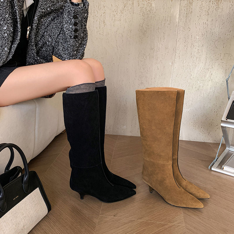 Karin Luna In Stock Spot Goods Retro Cowhide Pointed Toe Stiletto Elegant Long Boots