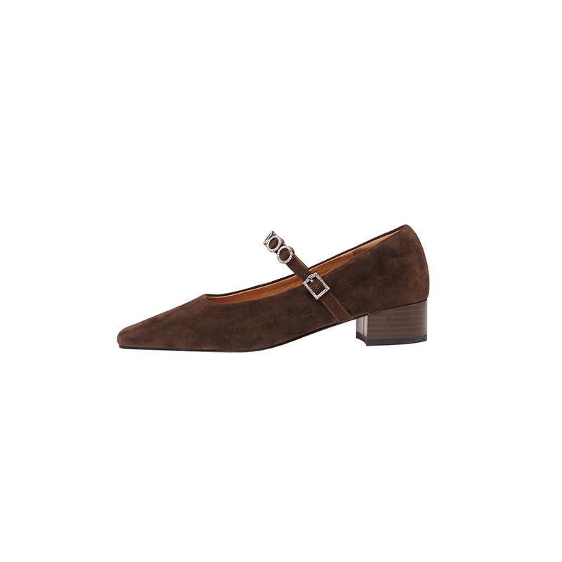 Karin Luna In Stock Spot Goods  Vintage Full Leather Square Toe Rhinestone Strap Shallow Mouth Single Shoes
