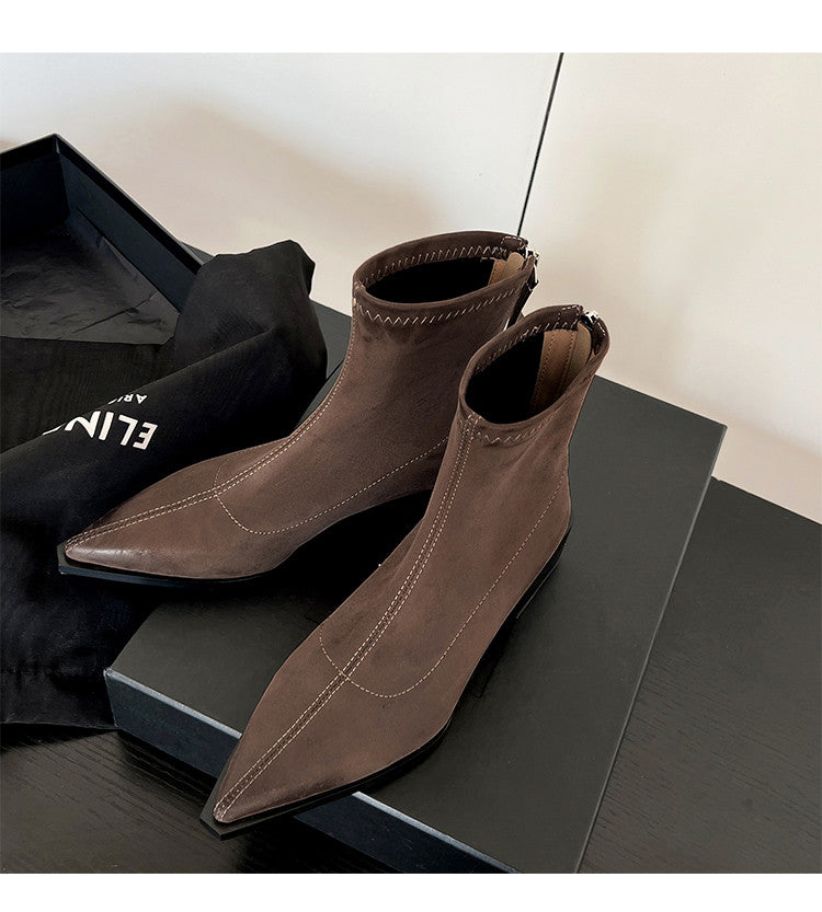 Karin Luna In Stock In Stock Elastic Slim Pointed Toe Chunky Heel Basic Ankle Boots