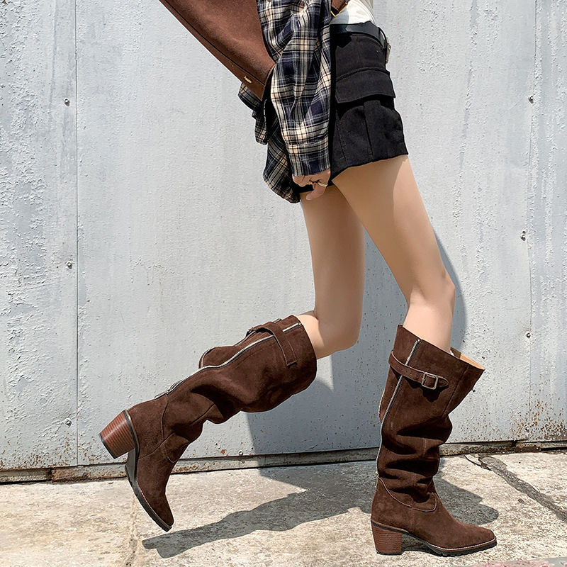Karin Luna In Stock Spot Goods Retro Cowhide Leather Chunky Heel Suede Long Boots