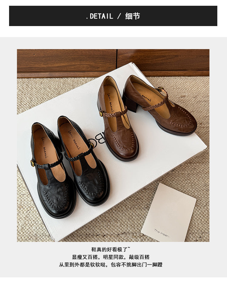 Karin Luna In Stock Spot Goods Vintage Braided Twist High Heels T Round Toe Thick Sole Single Shoes