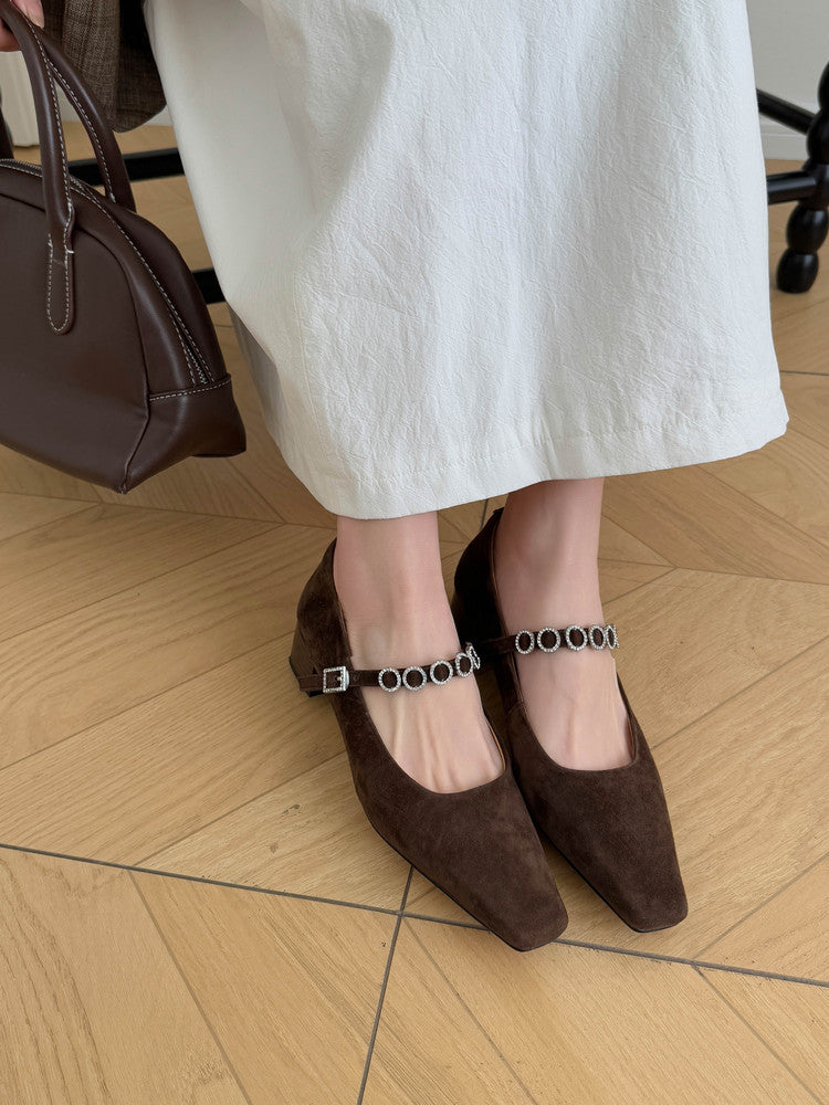 Karin Luna In Stock Spot Goods  Vintage Full Leather Square Toe Rhinestone Strap Shallow Mouth Single Shoes