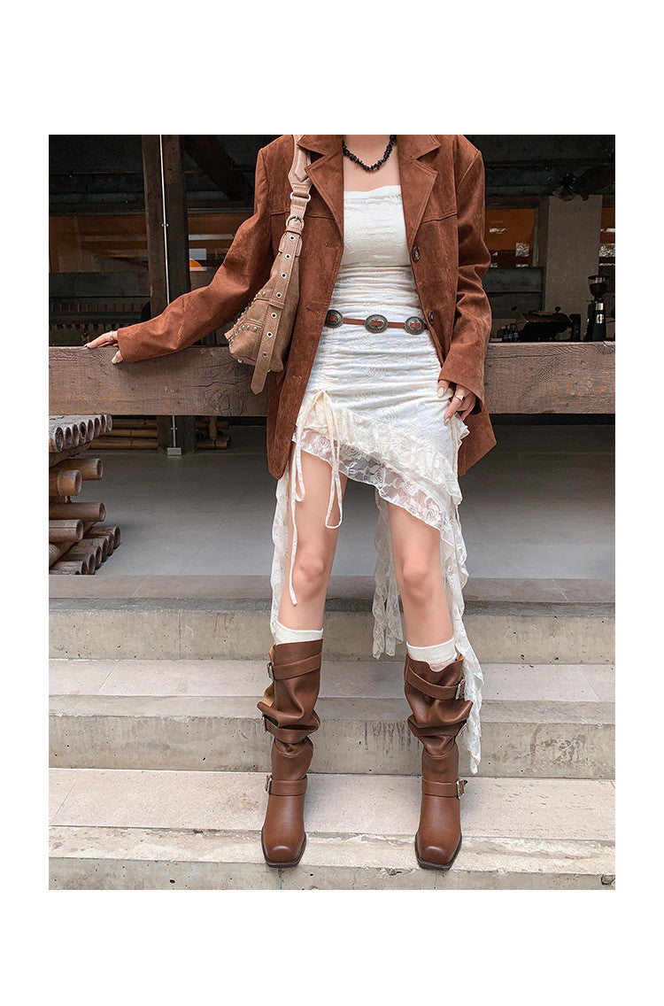 Karin Luna In Stock In Stock European and American Style Square Toe Thick Sole Belt Buckle Long Boots