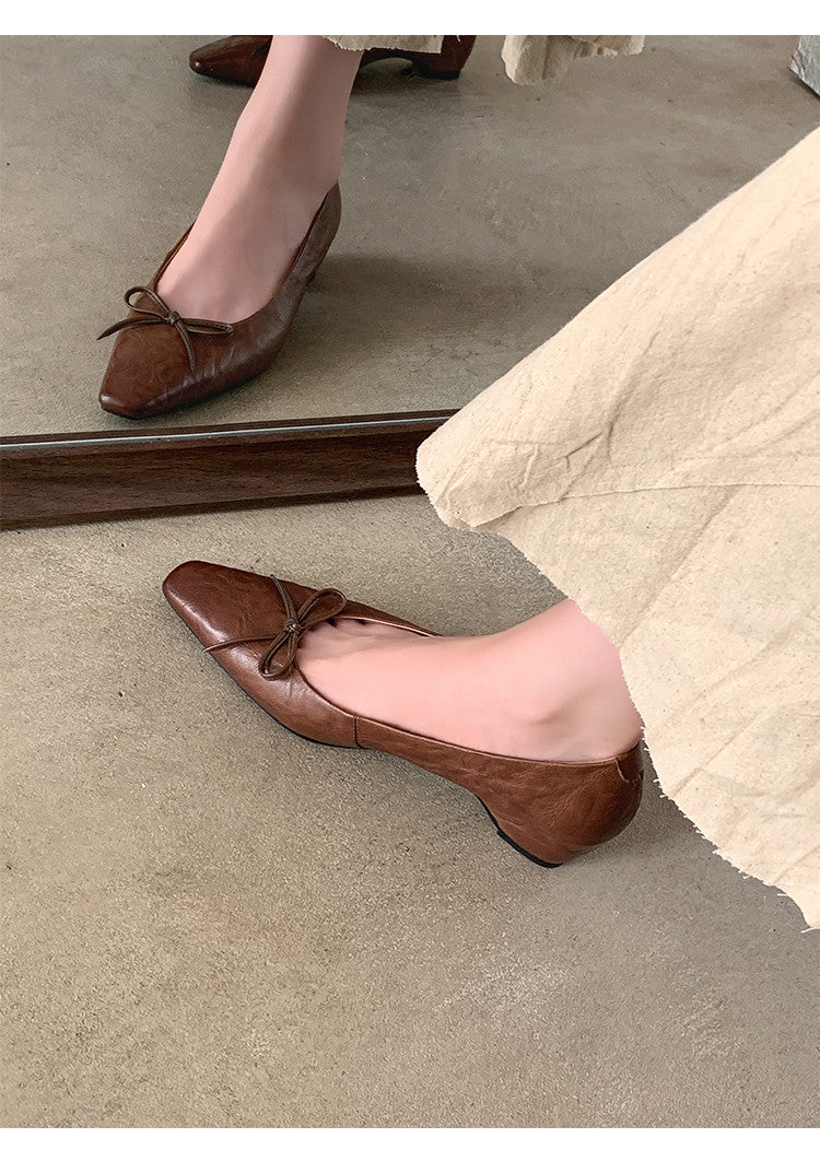 Karin Luna Full Layer Inside and Out~Basic Versatile Small Square Toe Butterfly Knot Irregular Heel Single Shoes
