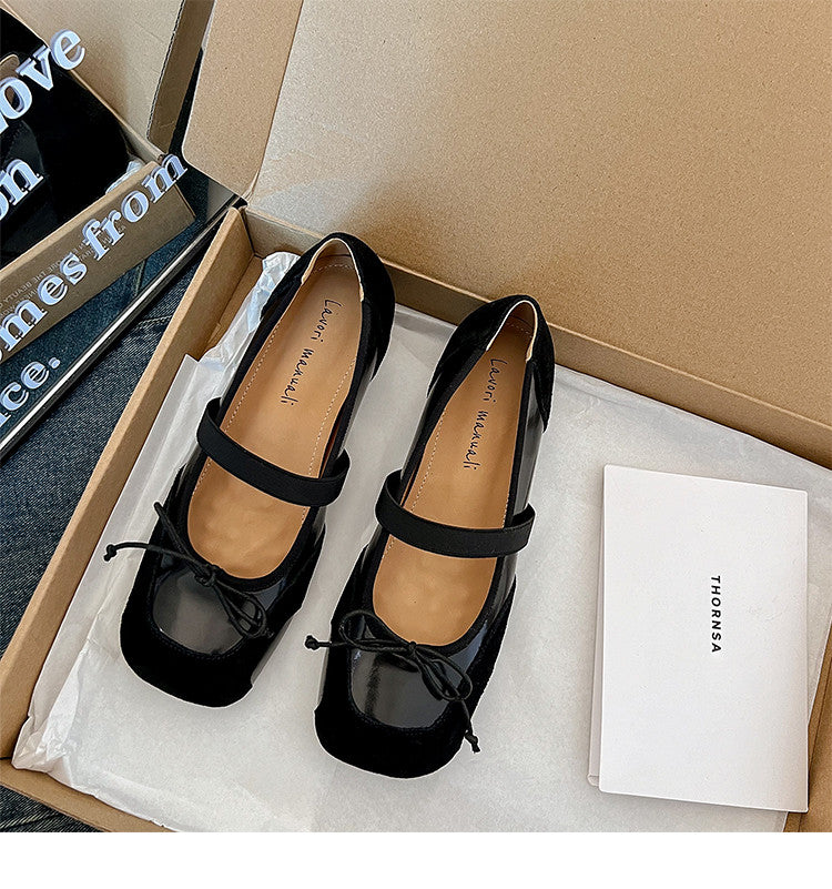 Karin Luna In Stock Spot Goods    Color Block Cowhide Leather Square Toe Slip-On Height Increasing Bowknot Flats