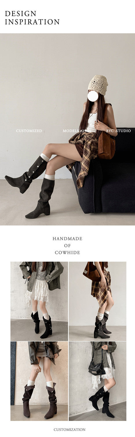 Karin Luna Bestseller Hot-Selling Hidden Buckle Lazy Style Square-Toe Height-Increasing Suede Western Boots