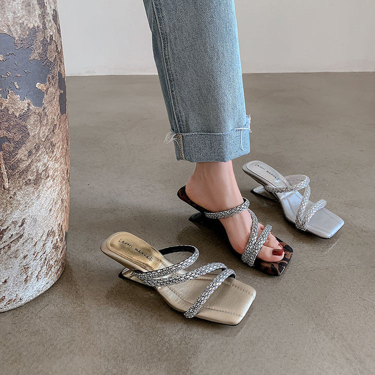 Karin Luna In Stock Spot Goods  Rhinestone One-Strap Irregular Heel Square-Toe Slippers