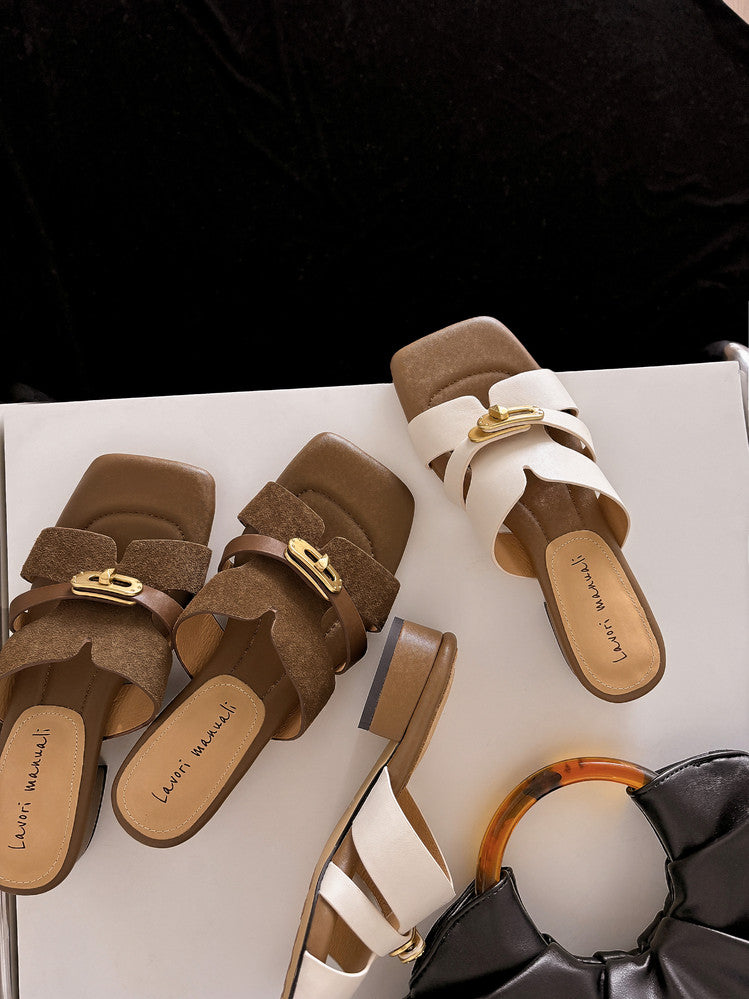Karin Luna Comfortable Gold Buckle Square Toe Chunky Heel Casual Style Slippers