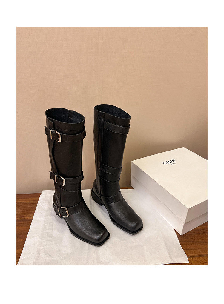 Karin Luna In Stock In Stock European and American Style Square Toe Thick Sole Belt Buckle Long Boots