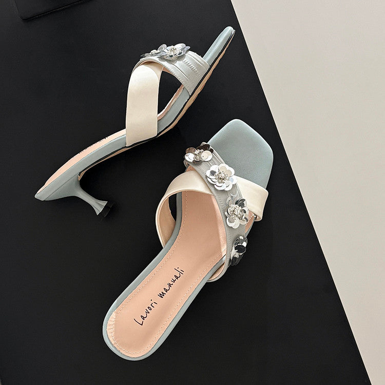 Karin Luna In Stock Spot Goods  Sequin Floral Cross Strap Square Toe Stiletto Slippers