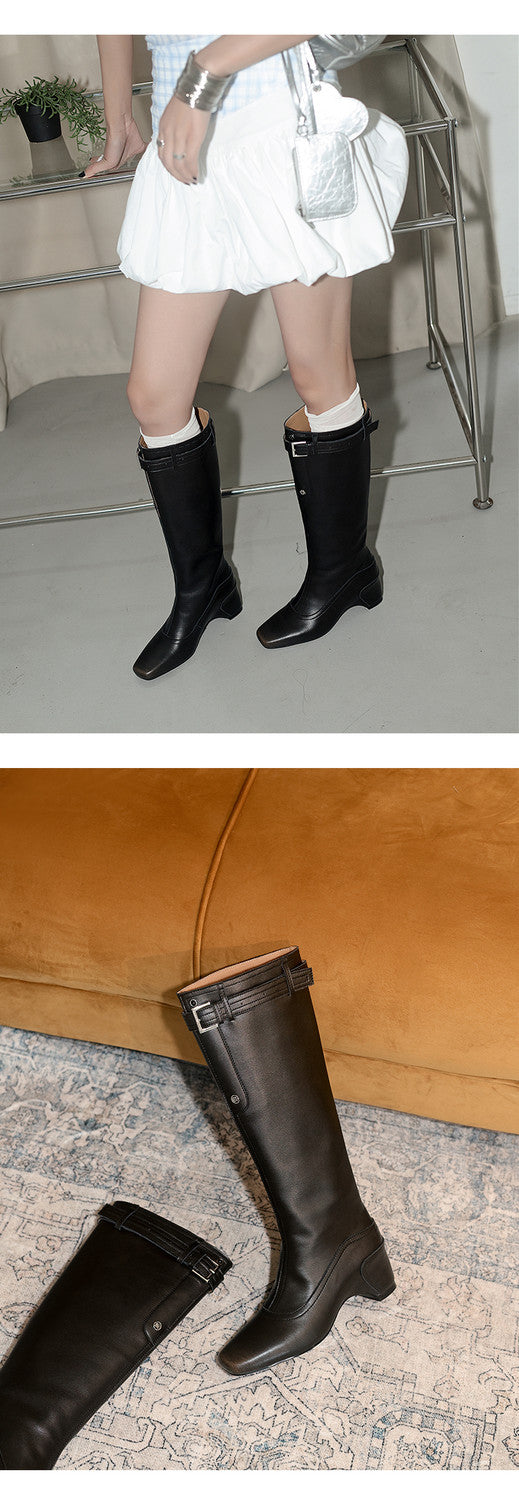 Karin Luna Belt Buckle Elegant Chunky Heel Suede Western Boots