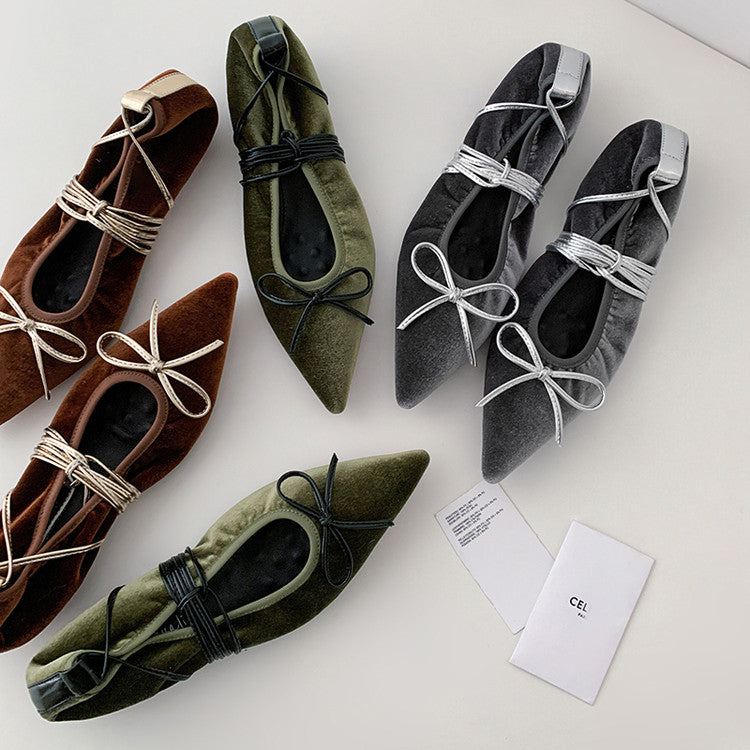 Karin Luna In Stock In Stock Retro Velvet Pointed Toe Bowknot Single Shoes