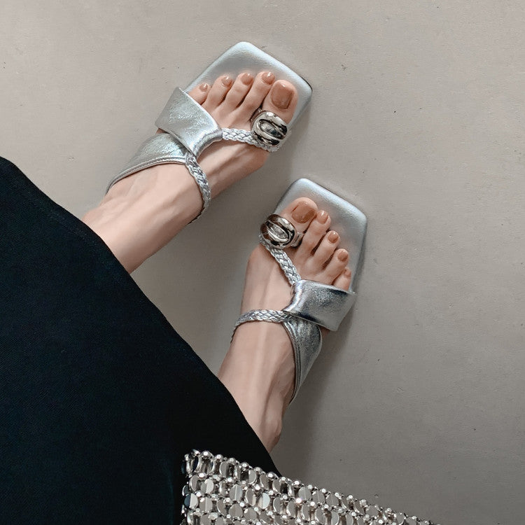 Karin Luna Braided Style ~Cross Strap Square Toe Irregular Heel Slippers
