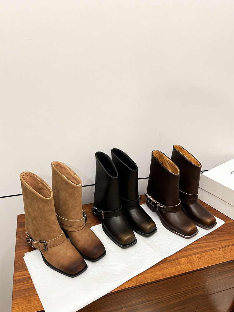Karin Luna Elegant Style Square Toe Belt Buckle Pants Boot Short Boots
