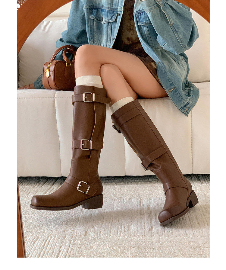 Karin Luna In Stock In Stock European and American Style Square Toe Thick Sole Belt Buckle Long Boots