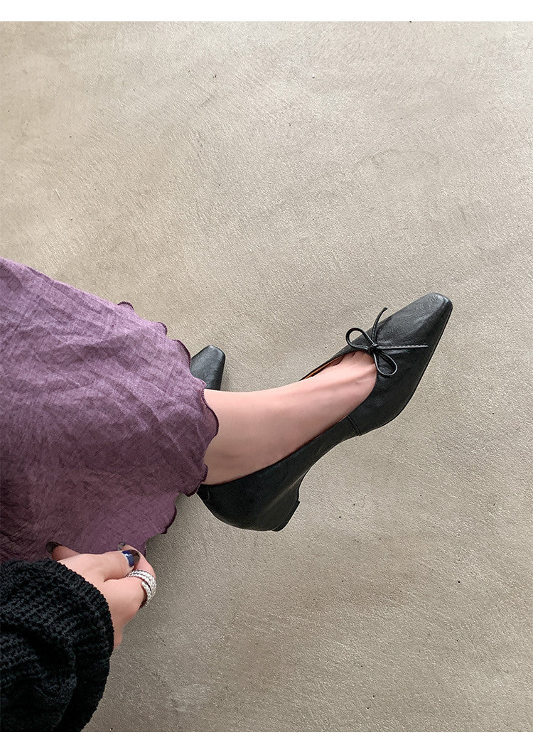 Karin Luna Full Layer Inside and Out~Basic Versatile Small Square Toe Butterfly Knot Irregular Heel Single Shoes