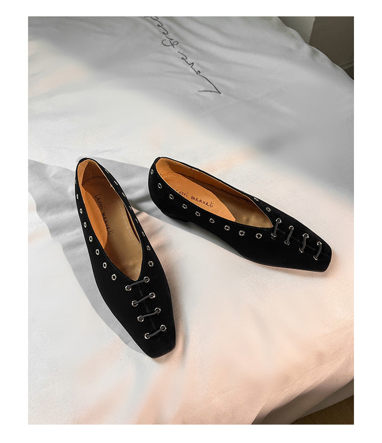 Karin Luna In Stock Spot Goods    Old Money Style Square Toe Suede Flats