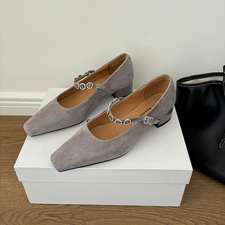 Karin Luna In Stock Spot Goods  Vintage Full Leather Square Toe Rhinestone Strap Shallow Mouth Single Shoes