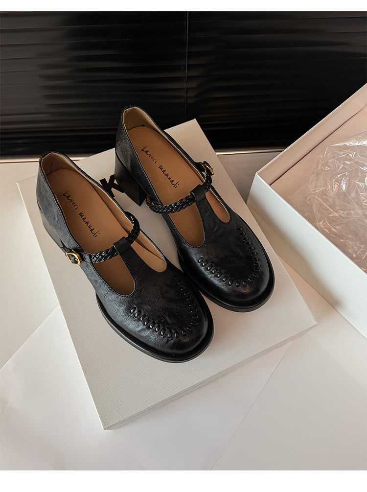 Karin Luna In Stock Spot Goods Vintage Braided Twist High Heels T Round Toe Thick Sole Single Shoes